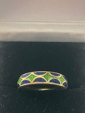 14k Gold Blue & Green Enamel Victorian Ring KJ mark size 7